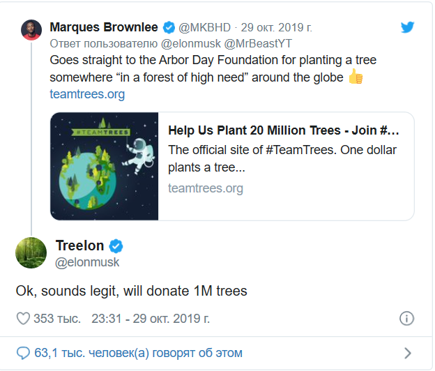 Ілон Маск пожертвував мільйон доларів на дерева 