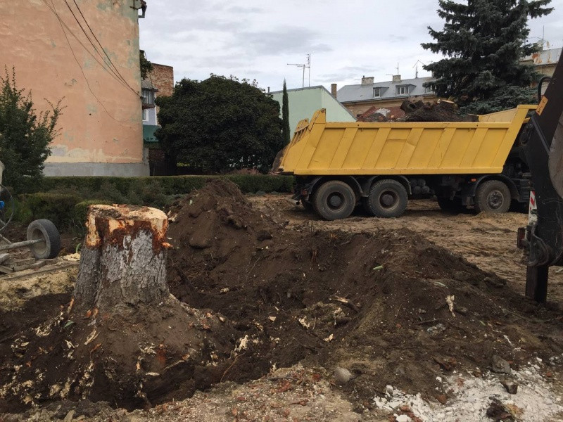 Почали зі знесення дерев: перед пам’ятником Паулю Целану на Головній облаштовують сквер за 2,5 млн грн 